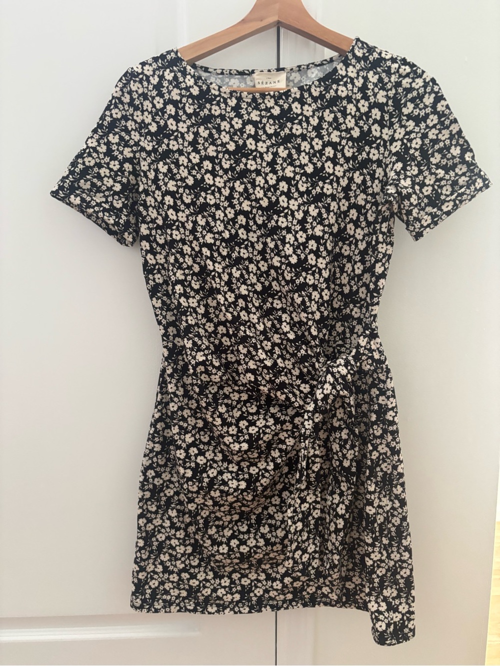 Sezane Black Mini Dress with Cream Floral Print